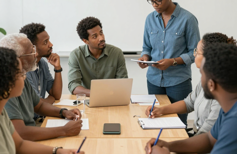 Diverse group of Black adults participating in a workforce development training session