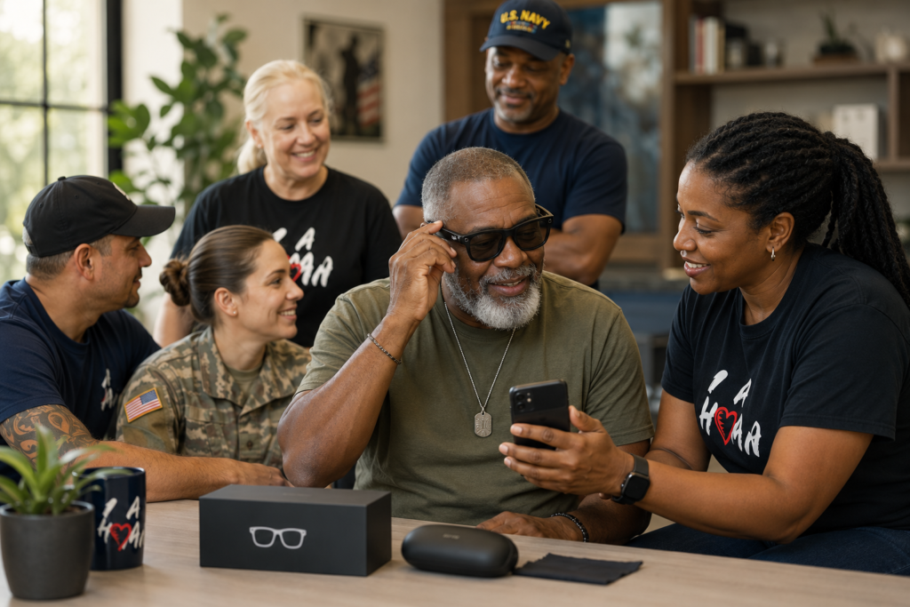 Meta Picture A veteran trying on smart glasses with support from I Am Human Foundation staff